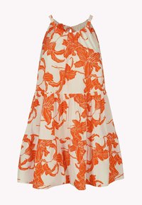 Vit ärmlös solklänning med orange blommönster, gräddad halsringning och fyrkantig kjol.