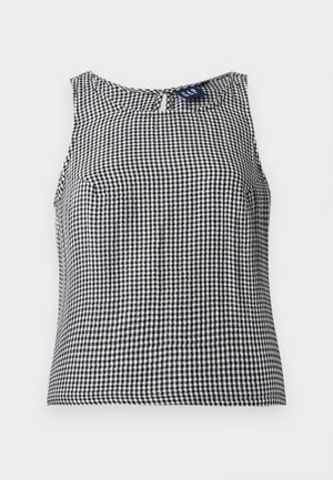 Varrukateta musta-valge gingham-ruuduline topp ümmarguse kaelusega ja väikese nööpklambriga tagaosas.