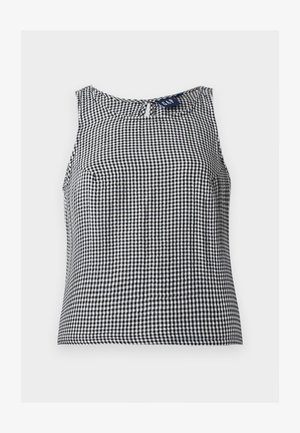 Juodo ir balto gingham languotas be rankovių viršus su apvaliu iškirpimu ir mažu raktu užsegimu nugaroje.