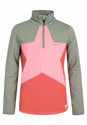 Bluza z długim rękawem z oliwkowozielonymi rękawami, różową gwiazdkowatą przednią częścią, brzoskwiniowym dolnym segmentem i kołnierzem z suwakiem do ćwiartki.