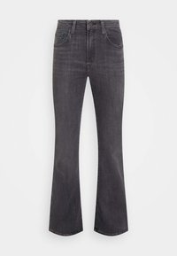 Jean en denim noir évasé à taille haute, avec cinq poches et une fermeture avant à boutons. Texture lisse et décoloration minimale.