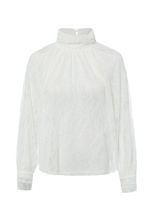 Blouse blanche en dentelle à manches longues avec col haut froncé et fermeture à boutons au dos.