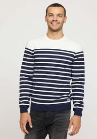 Pull rayé bleu marine et blanc avec un col rond, des manches longues, des poignets et un ourlet côtelés, fabriqué en tissu tricoté doux.