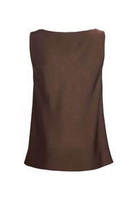 Haut marron en satin sans manches avec un col droit et haut, et une coupe ample légèrement évasée.