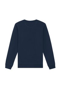Marineblauer Pullover mit Rundhalsausschnitt, langen Ärmeln, gerippten Bündchen und Saum. Glatte Textur, keine sichtbaren Muster oder Verzierungen.