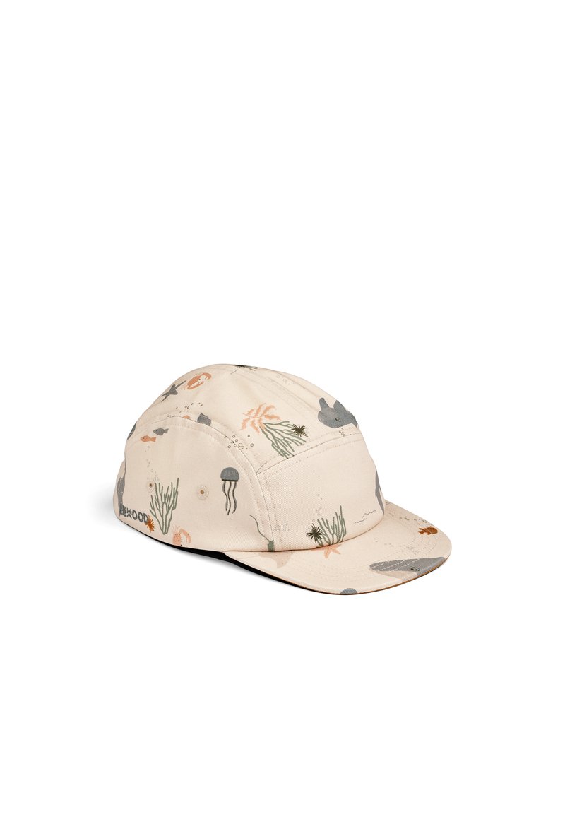 Beige cap with an ocean-themed print featuring jellyfish, fish, and corals. Made of fabric with a curved brim and stitched details.