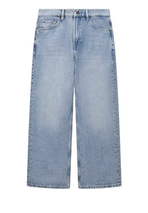 Light blue wide-leg jeans with front pockets, belt loops, and a button closure, displayed flat on a white background.