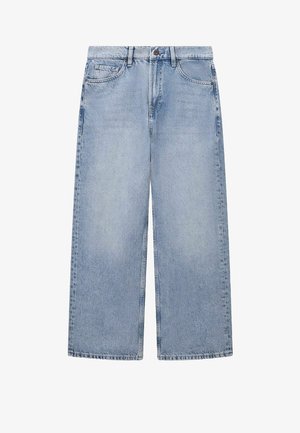 Light blue wide-leg jeans with front pockets, belt loops, and a button closure, displayed flat on a white background.