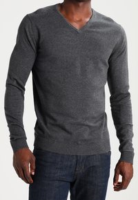 Grå långärmad V-ringad tröja i mjukt material. Har ribbade mudd och nederkant, figurnära design, bärs med mörka jeans.