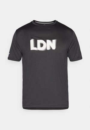 Black short-sleeve t-shirt featuring a textured fabric with "LDN" printed in white across the chest. Round neckline, minimal design.