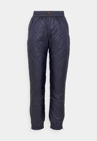 Vadderade marinblå byxor med elastisk midja, justerbar dragsko, fickor med dragkedja på sidan och elastiska muddar vid anklarna.