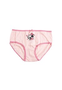 Culotte en coton rose avec un imprimé graphique d'un personnage de dessin animé, orné d'un nœud, et d'une texture douce. Bordée d'un rose plus clair.