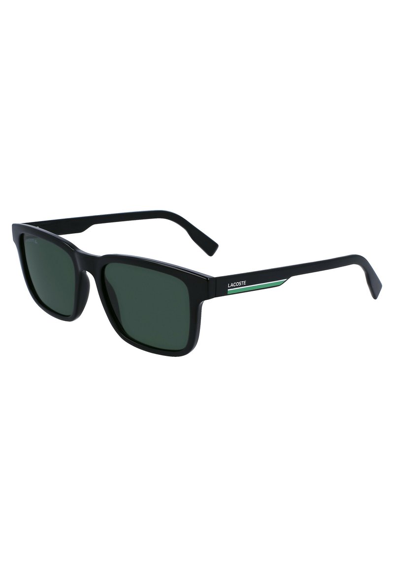 Ochelari de soare negri cu lentile verzi, formă pătrată, finisaj mat, cu un accent verde subtil pe lateral, logo embossat pe ramă.