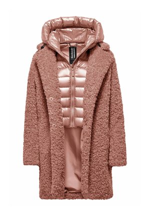 Helle rosa Jacke mit einer strukturierten, flauschigen Außenseite und einem glänzenden, gesteppten Innenfutter, mit einem Reißverschluss und verstellbarem Kapuzenrand.
