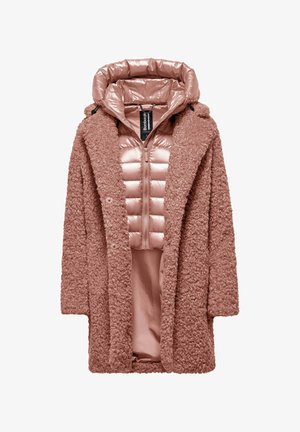 Cappotto rosa chiaro con un esterno texturizzato e soffice e un interno lucido e trapuntato, dotato di chiusura con zip e cappuccio regolabile.