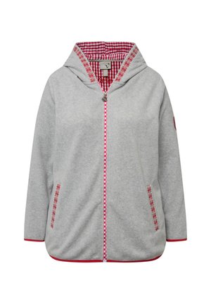Giacca in pile grigia con cappuccio, fodera in gingham rosso, ricami floreali, zip rosa a contrasto e due tasche laterali.