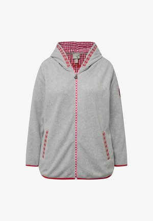 Graue Fleecejacke mit Kapuze, rotem Gingham-Futter, floraler Stickerei, kontrastierendem pinkem Reißverschluss und zwei Seitentaschen.