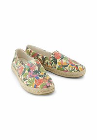 Canvas slip-on shoes featuring a multicolored floral pattern, natural jute rope sole, and a rounded toe design.