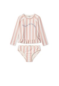 Set da bagno a due pezzi composto da top a maniche lunghe e slip bikini. Strisce verticali rosa chiaro e bianche, orlo arricciato, slogan sulla parte superiore.