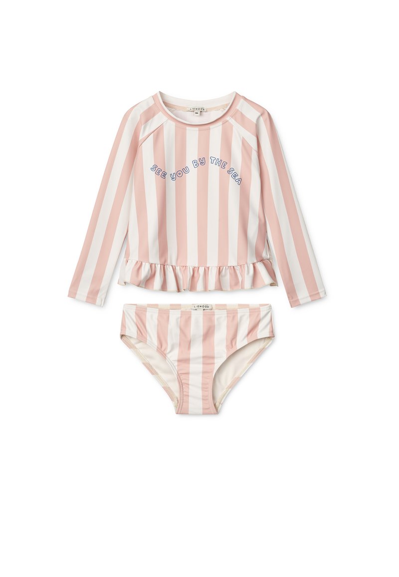 Set da bagno a due pezzi composto da top a maniche lunghe e slip bikini. Strisce verticali rosa chiaro e bianche, orlo arricciato, slogan sulla parte superiore.