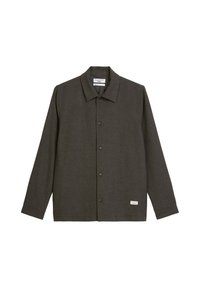Ciemnoszary koszula zapinana na guziki, wykonana z teksturowanej tkaniny, z kołnierzykiem i długimi rękawami. Posiada guziki z przodu oraz małą metkę marki.
