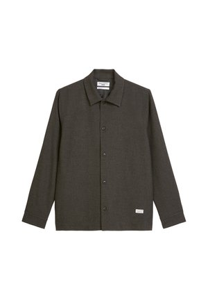 Donkergrijze overhem shirt van gestructureerde stof met een kraag en lange mouwen. Heeft knopen aan de voorkant en een klein merklabel.
