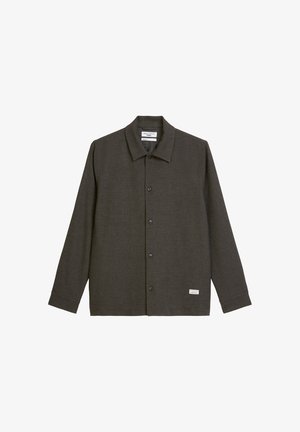 Ciemnoszary koszula zapinana na guziki, wykonana z teksturowanej tkaniny, z kołnierzykiem i długimi rękawami. Posiada guziki z przodu oraz małą metkę marki.