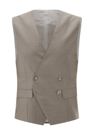 Doppelreihige Weste aus hellbeigem Stoff mit strukturiertem Muster, ausgestattet mit zwei Knöpfen, einem V-Ausschnitt und zwei Seitentaschen.