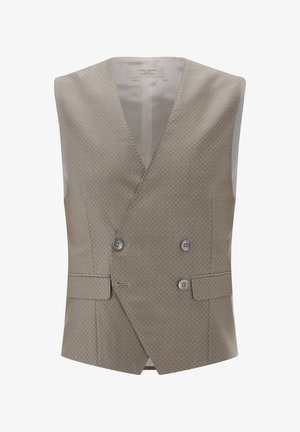 Double-breasted vest in light beige fabric with a textured pattern, featuring two buttons, a V-neckline, and two side pockets.