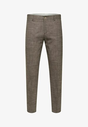Pantalons texturés marron clair au design droit, avec fermeture à bouton et passants de ceinture ; adaptés pour un usage décontracté ou semi-formel.