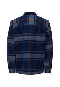 Camisa de botones en un patrón de cuadros azul oscuro y gris, con cuello clásico y mangas largas con puños de botón. Se muestra vista trasera.