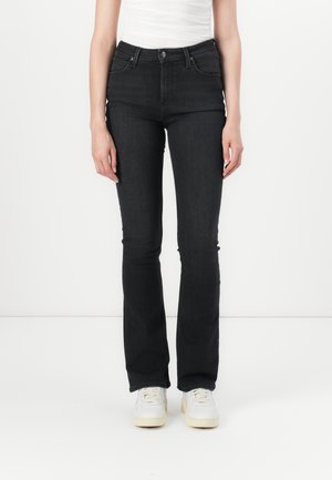 Jeans svasati neri in denim a vita alta con una texture liscia, caratterizzati da una chiusura con bottone anteriore e un classico design a cinque tasche.