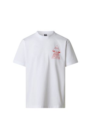 T-shirt blanc à manches courtes avec col rond, petit logo rouge en forme de montagne et texte "The North Face" sur le côté gauche de la poitrine.