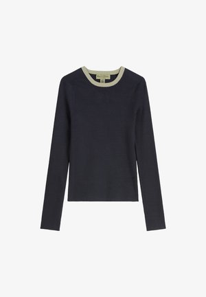 Camisola de manga longa com ribanas em azul escuro, com um decote redondo em verde claro. Design simples, textura suave e silhueta ajustada.