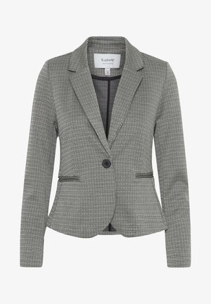Blazer à carreaux gris avec une fermeture à un seul bouton, revers crantés et deux poches avant. Tissu doux avec une coupe ajustée.