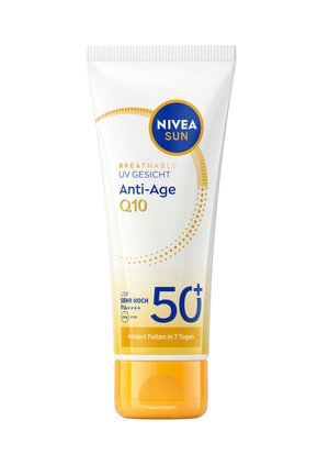 Nivea Sun Anti-Age Q10 facial sunscreen with SPF 50+, PA++++, reduces wrinkles in 7 days, white and yellow tube with blue and gold text.