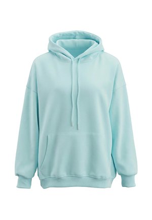 Lichtblauwe pullover hoodie met voorzak (kangoeroezak) en een capuchon met trekkoord, weergegeven op een witte achtergrond.
