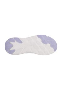 Vit sneaker-sula med lila detaljer. Texturerad gummi för grepp med ett geometriskt mönster. Kurvad form och något upphöjd häl.