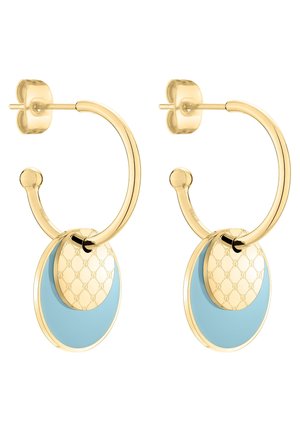 Gold hoop earrings with two hanging discs, one light blue and one patterned gold, attached at the bottom inside the hoop.