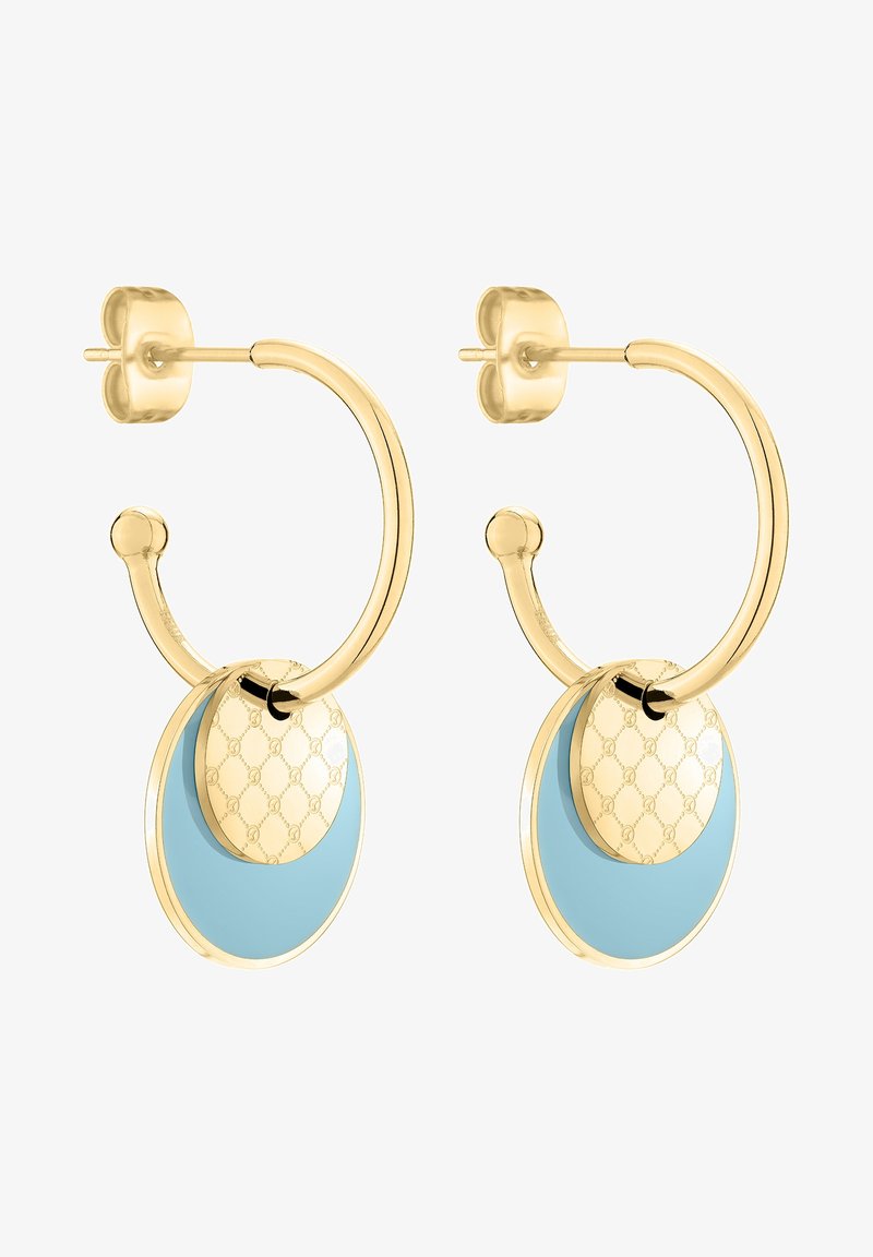 Boucles d'oreilles créoles en or avec deux disques suspendus, l'un bleu clair et l'autre en or à motif, attachés en bas à l'intérieur de la créole.