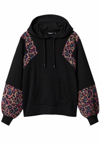 Sweat à capuche noir avec des accents à imprimé léopard sur les épaules, les cordons de serrage, une poche avant et des poignets en côtes avec une finition texturée.