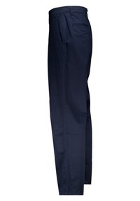 Pantalon bleu marine en tissu mélangé coton, avec un design à plat sur le devant, des poches latérales et une coupe droite avec un minimum de détails.