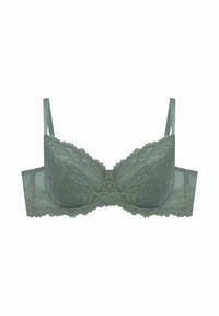 Zielony koronkowy biustonosz z falbaniastymi krawędziami, wzorem kwiatowym, regulowanymi ramiączkami oraz małym centralnym detalem metalowym.
