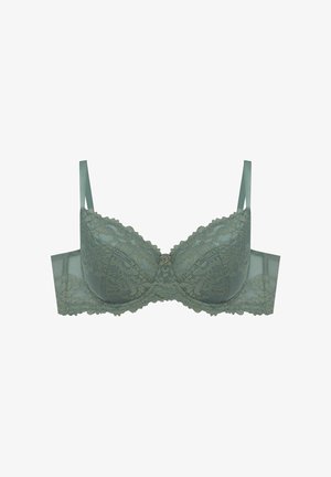 Grüner Spitzen-BH mit gewellten Kanten, floralen Mustern, verstellbaren Trägern und einem kleinen zentralen Beschlag.