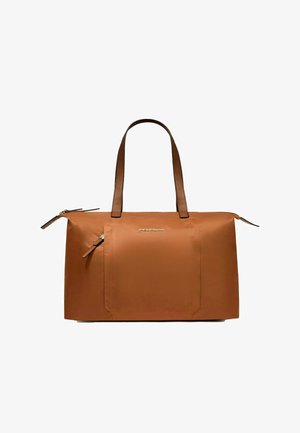 Brown nylon tote bag with two flat shoulder straps, top zipper closure, and an exterior zip pocket, featuring a smooth texture and rectangular shape.