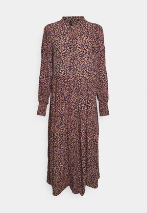 Robe midi à manches longues avec boutons, fond sombre et petit imprimé floral multicolore, présentant un col haut et des manches avec poignets.