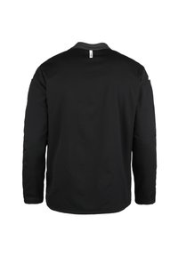 Langarmshirt aus einfarbigem schwarzem Stoff, mit Rundhalsausschnitt, glatter Textur und einem kleinen Etikett am hinteren Halsausschnitt.