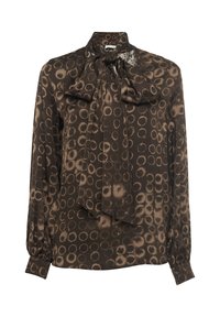 Blusa di seta marrone con collo alto e grande fiocco. Presenta un motivo a stampa circolare e maniche lunghe con polsini abbottonati.