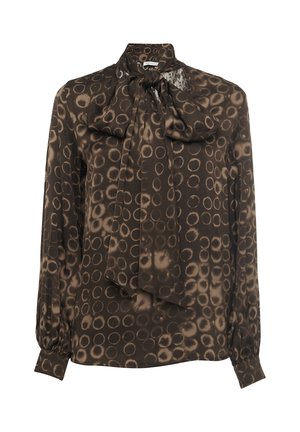 Blouse en soie marron avec un col montant et un grand nœud. Présente un motif à imprimé circulaire et des manches longues avec des poignets à boutons.