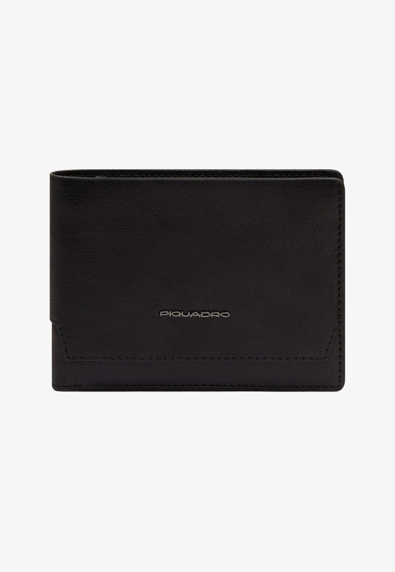 Portefeuille bi-fold en cuir noir à texture lisse avec le logo "Piquadro" argenté embossé au centre avant.